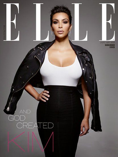 Kim Kardashian West posing in a leather jacket for the cover of Elle.